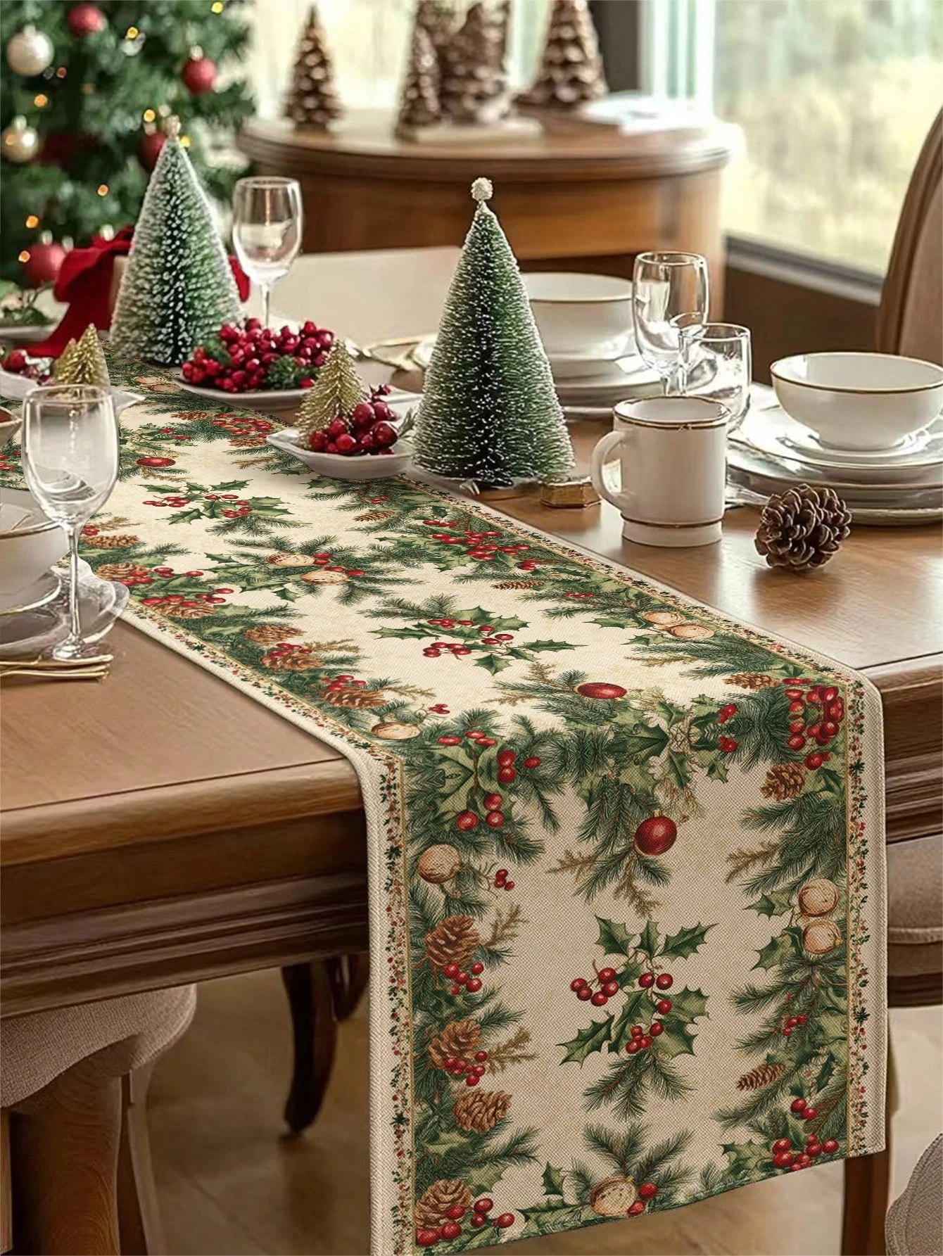 1pc Christmas Holly Linen Table Runner, Vintage 2D Print Table Decor for Xmas Dinner Party & Home Gathering