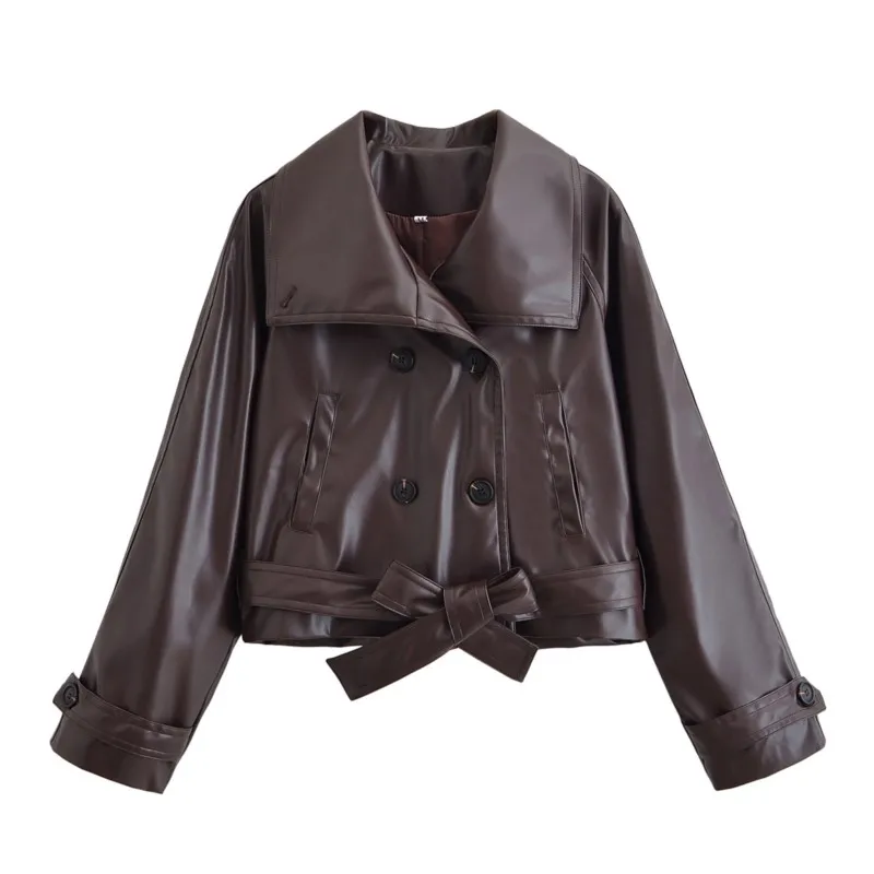 

HipSeam Women Leather Jacket with Belted Autumn Long Sleeve Lapel Collar Double Breasted Women's Short Coats Chic Female Tops