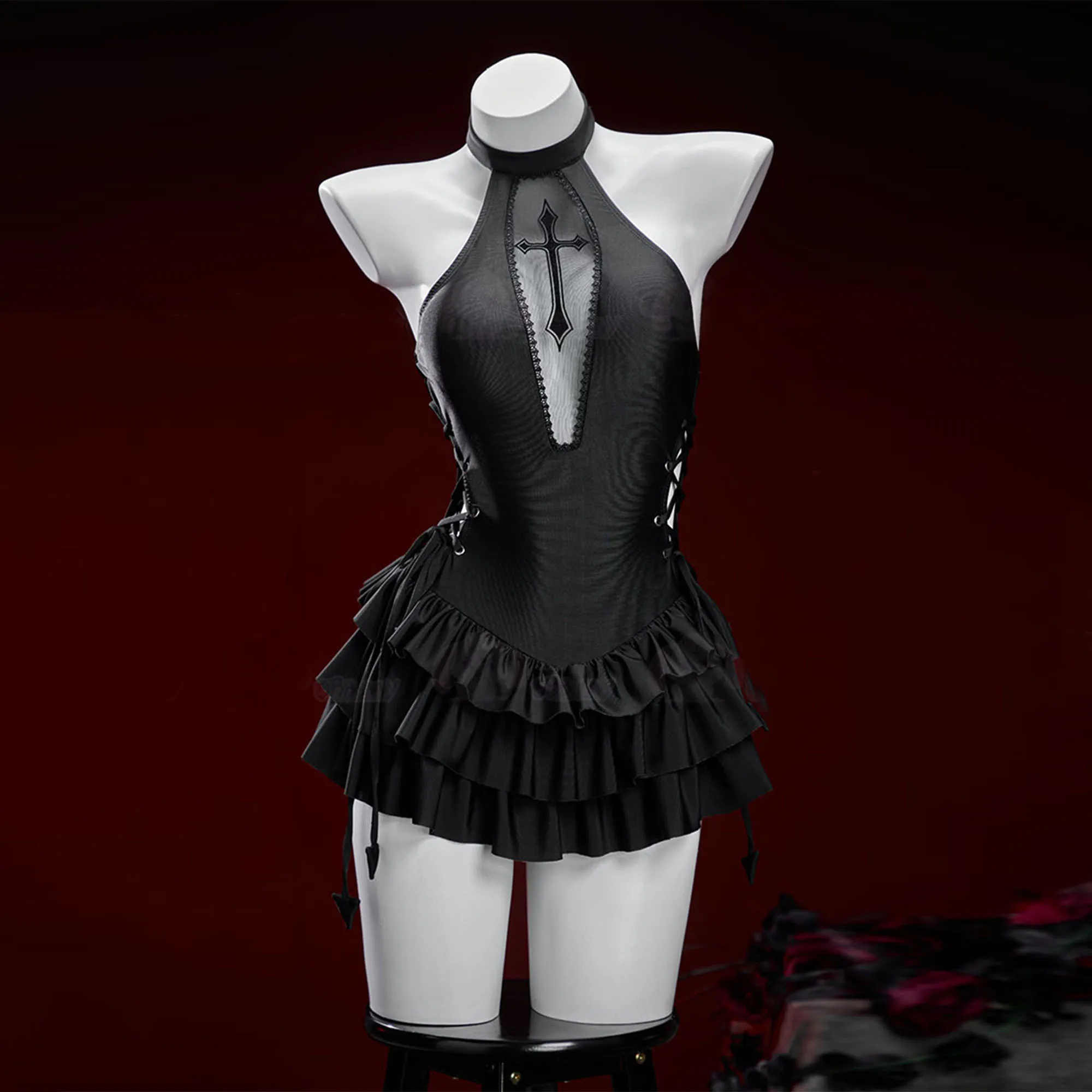 

Костюмы монахини для косплея, женские сексуальные облегающие короткие платья с бретелькой на шее, готический купальник монахини, униформа, карнавальная праздничная одежда на Хэллоуин