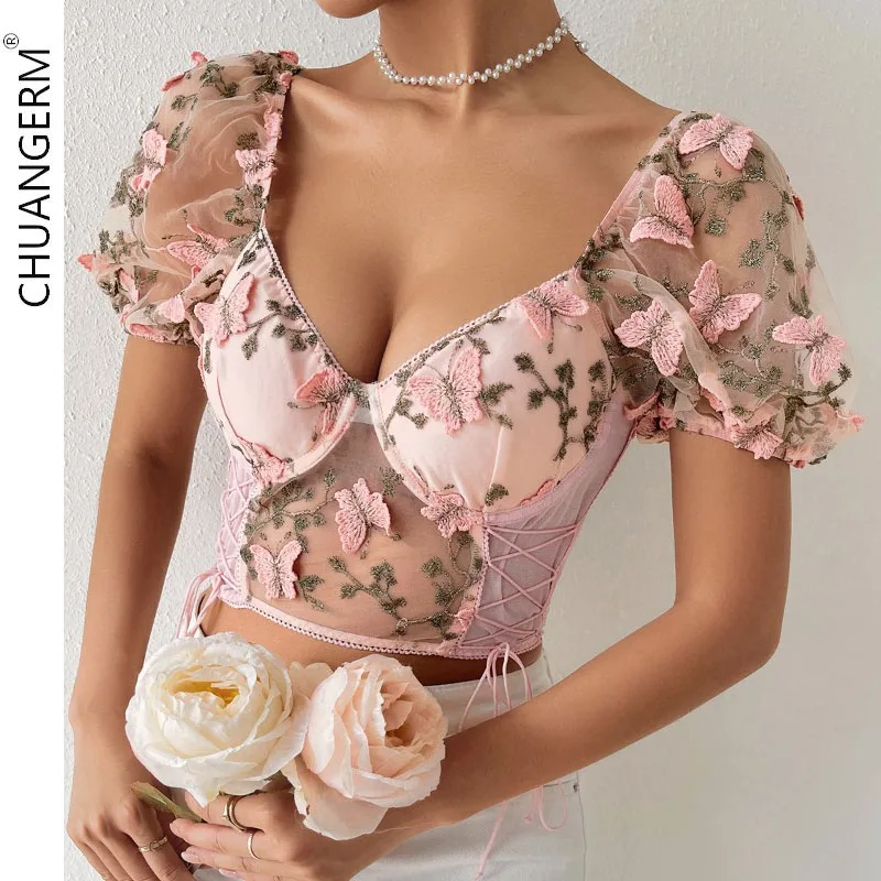 

CHUANGERM Sexy Corset Butterfly Embroidery Hollowing Mesh See Through Slim Crop Top Sleeveless V-neck Backless Bandage Bustier