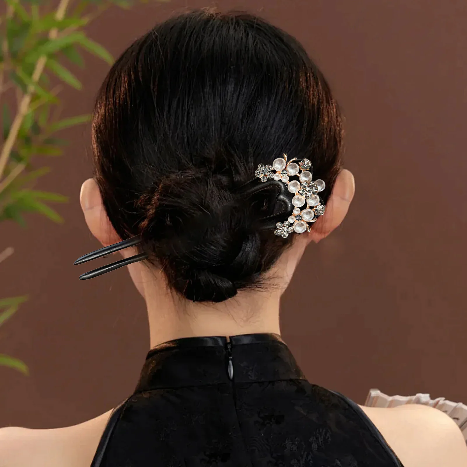Black Sandalwood U-Shaped Double Hairpin For Traditional Hairstyles And Festive Occasions
