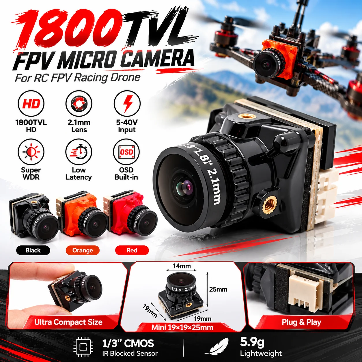 Drone Racing Frame - FPV Micro Camera 1800TVL 2.1mm 1/3