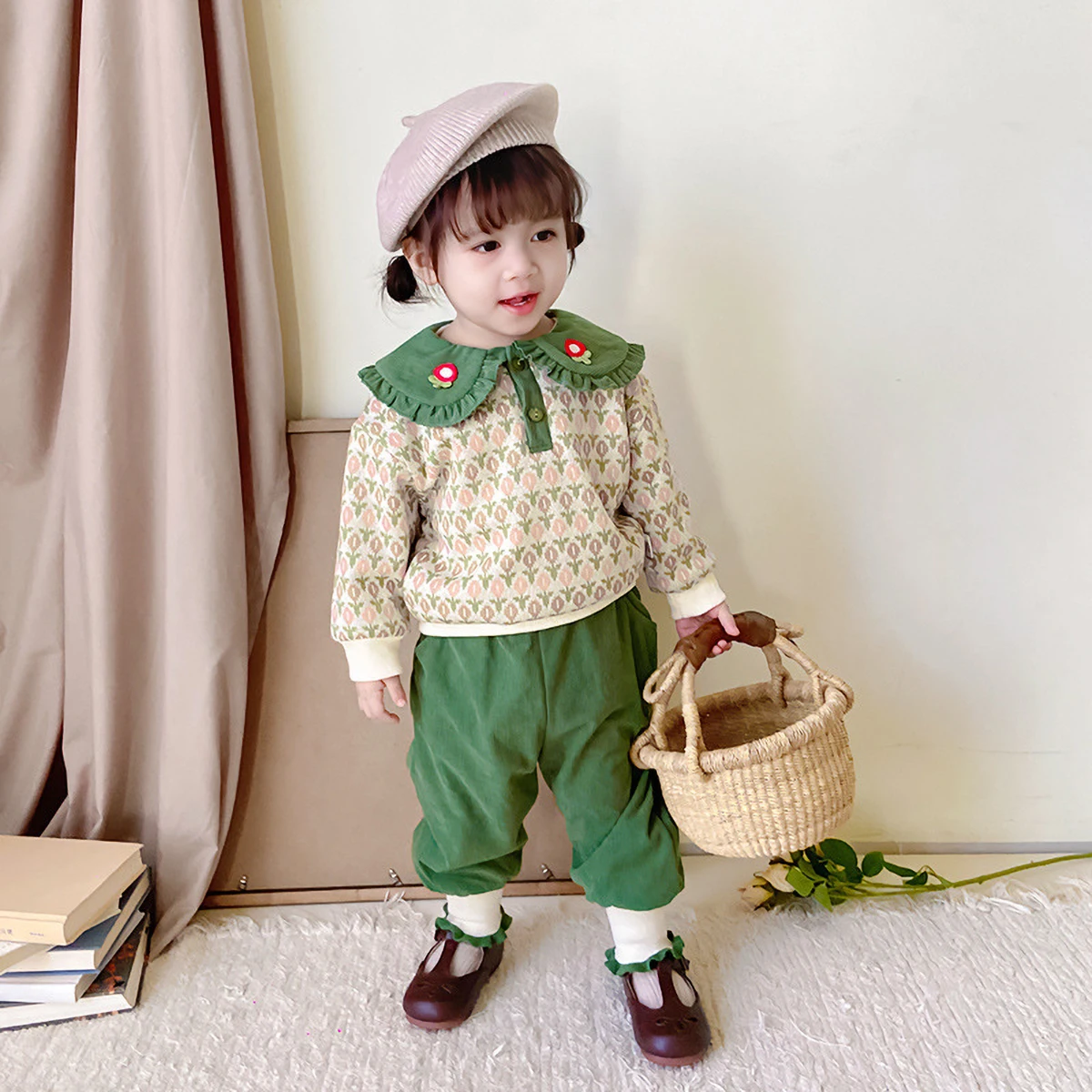 Autumn Winter Children\'s Velvet Set Baby Girl\'s Green Flower Turn Down Collar Pullover Cotton Tops 2Pcs Suit Loose Thicked Pants