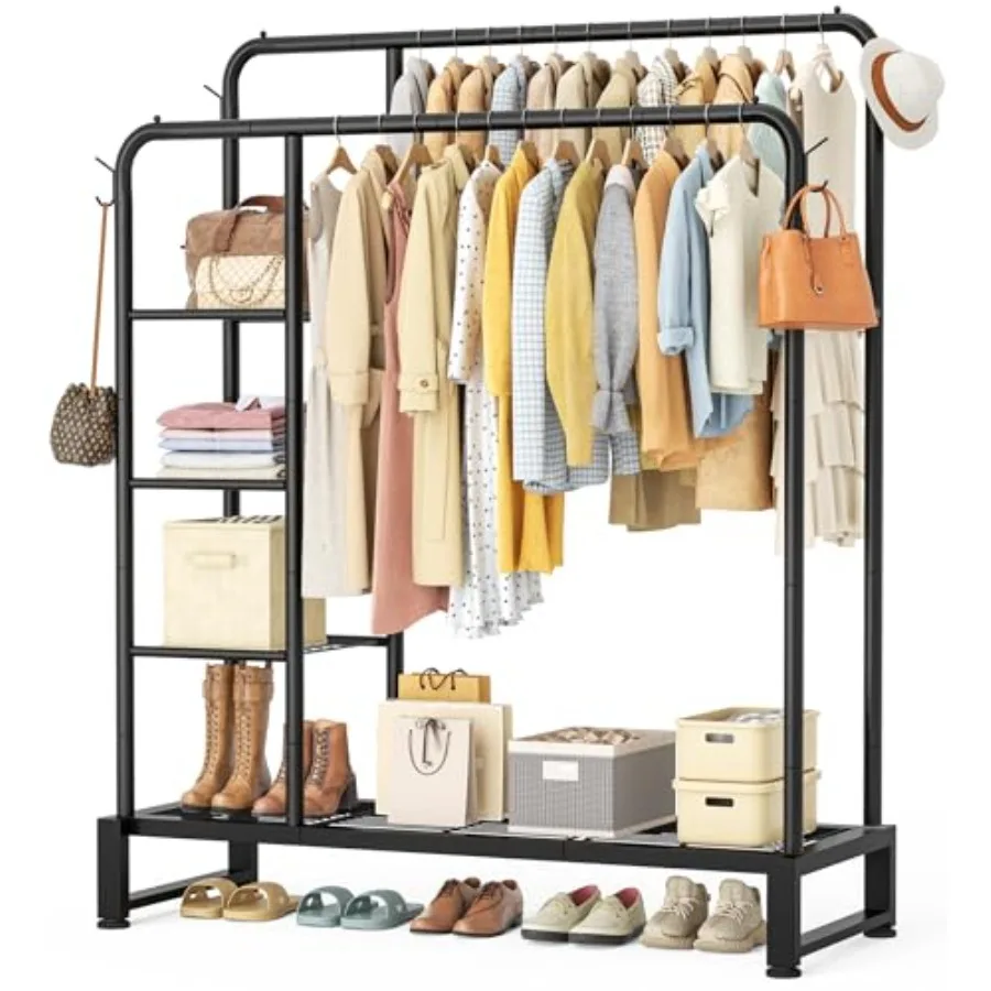 

Double Rods Clothes Rack Clothing Rack with 4 Tier Storage Shelves Clothes Rack for Hanging Clothes Multifunctional Heavy Duty