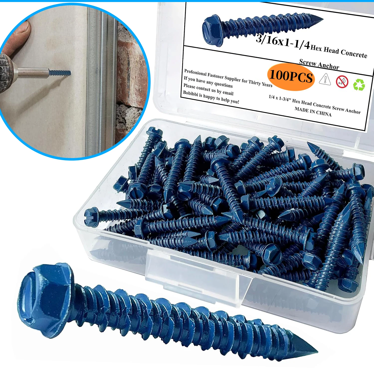 100pcs #1/4 #3/16 Hex Head Concrete Screws with Storage Box for Anchoring to Masonry, Block or Cement