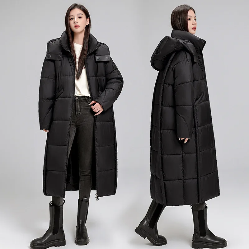 New 2025 Korean Version of Extended Knee Length Cotton Jacket for Women's Fashion Temperament, Hooded Cotton Coat, Loose Fit