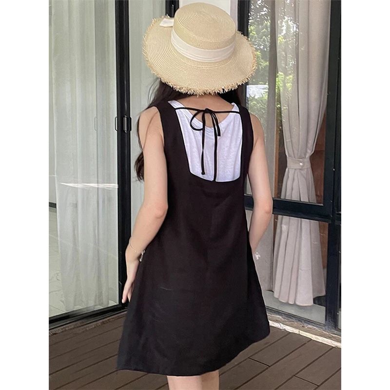 Cotton Linen Summer Dresses For Women 2023 Sleeveles Back Bandage Lace Black White Dress Chic Holiday Sundress Vestido