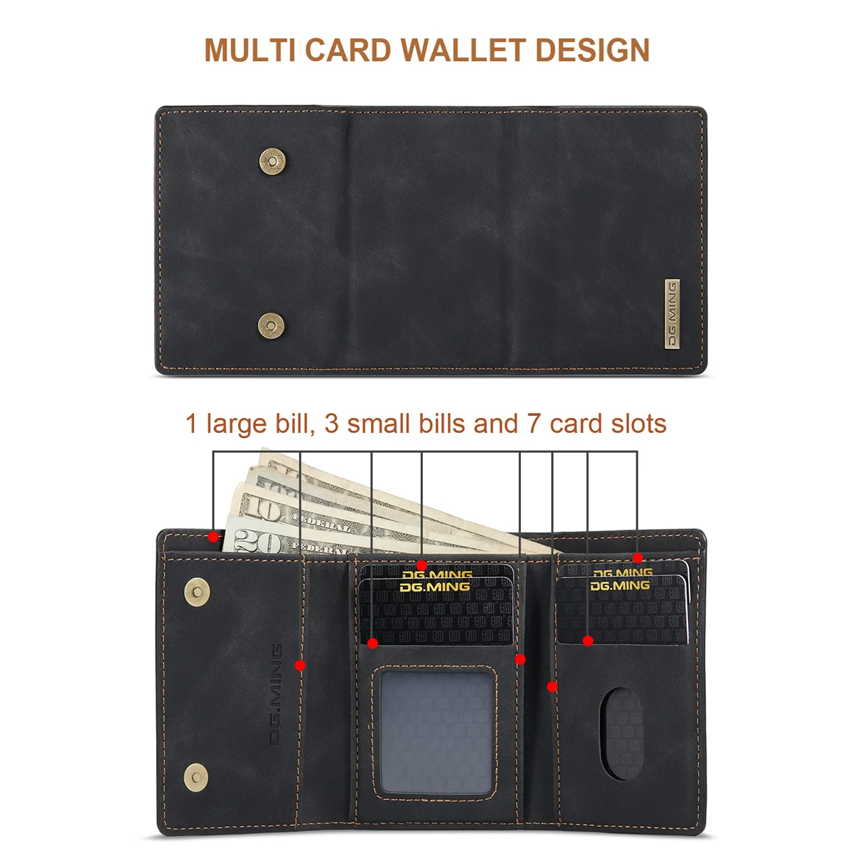 DG.MING M1 Portable Trifold Card Holder Wallet Magnetic Buckle Card Bag Premium Leather Multi Card Slot Pocket Mini Money Wallet