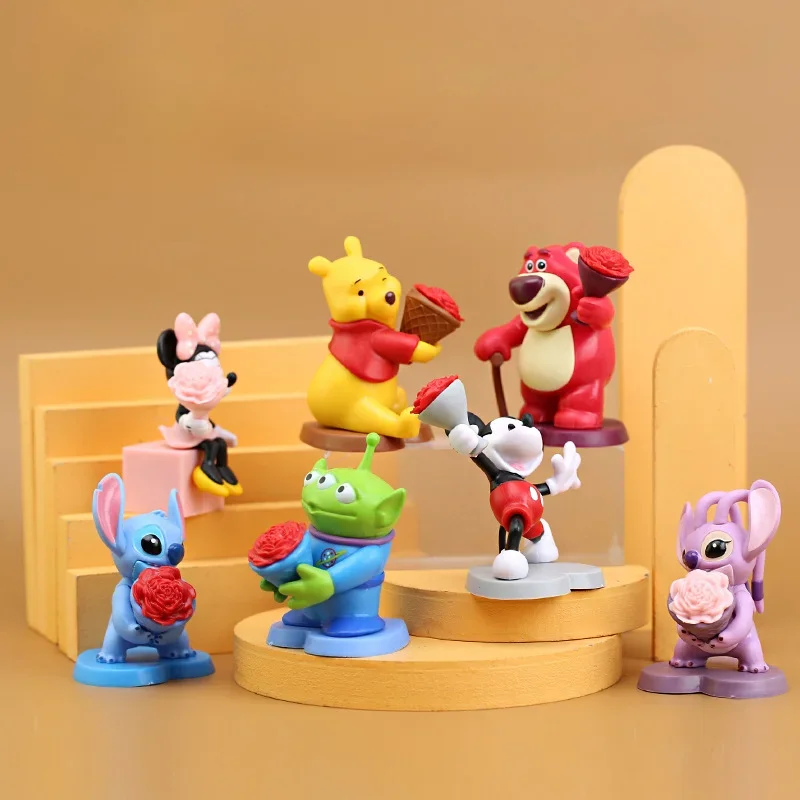 

7pcs/set Disney Mickey Minnie Mouse Stitch Eternal Flower Model Toys Movie Cartoon Action Figure Toys Birthday Xmas Gifts