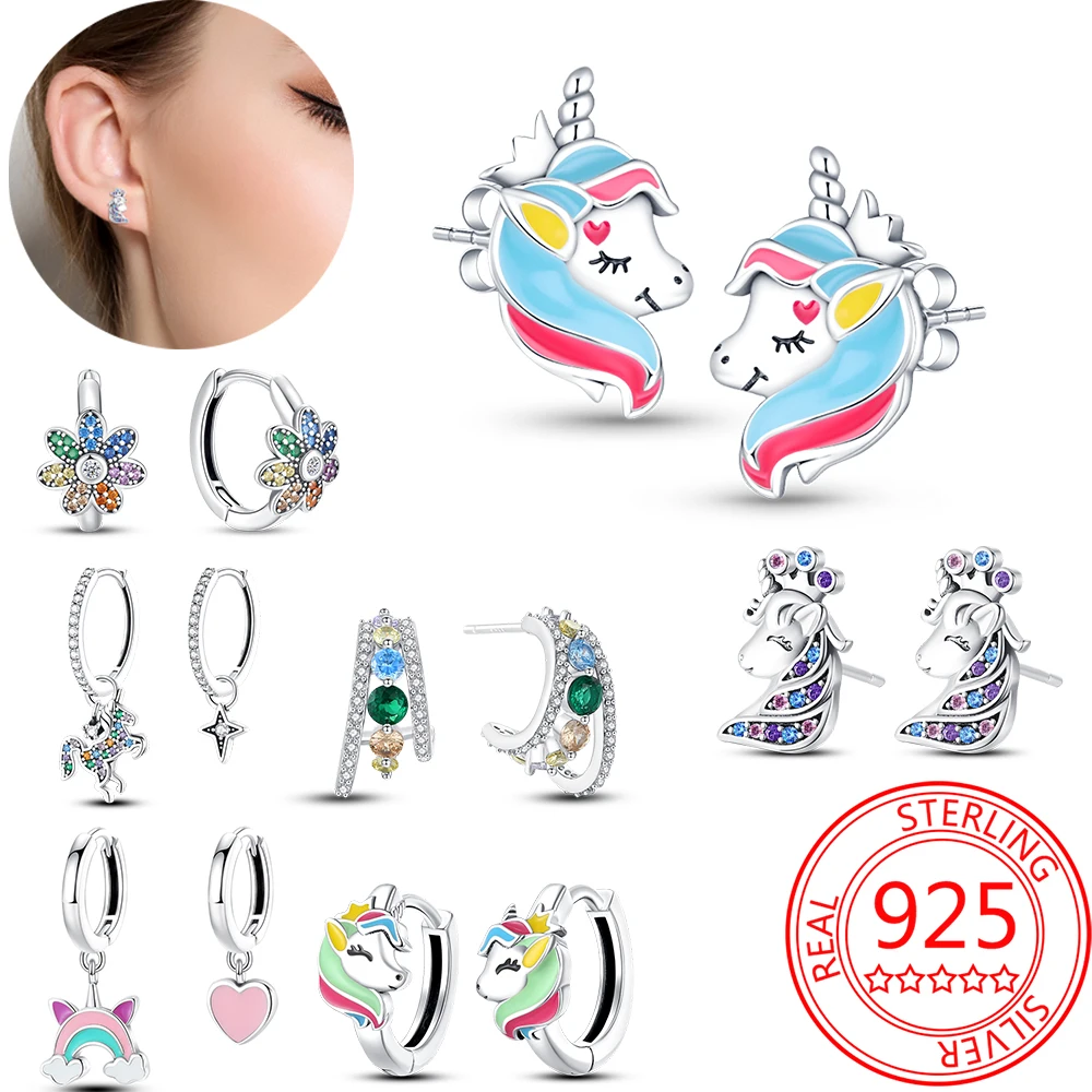 

925 Sterling Silver Animal Rainbow Unicorn Stud Earrings Colorful Sunflower Accessories for Women Bridal Party Jewelry Gifts