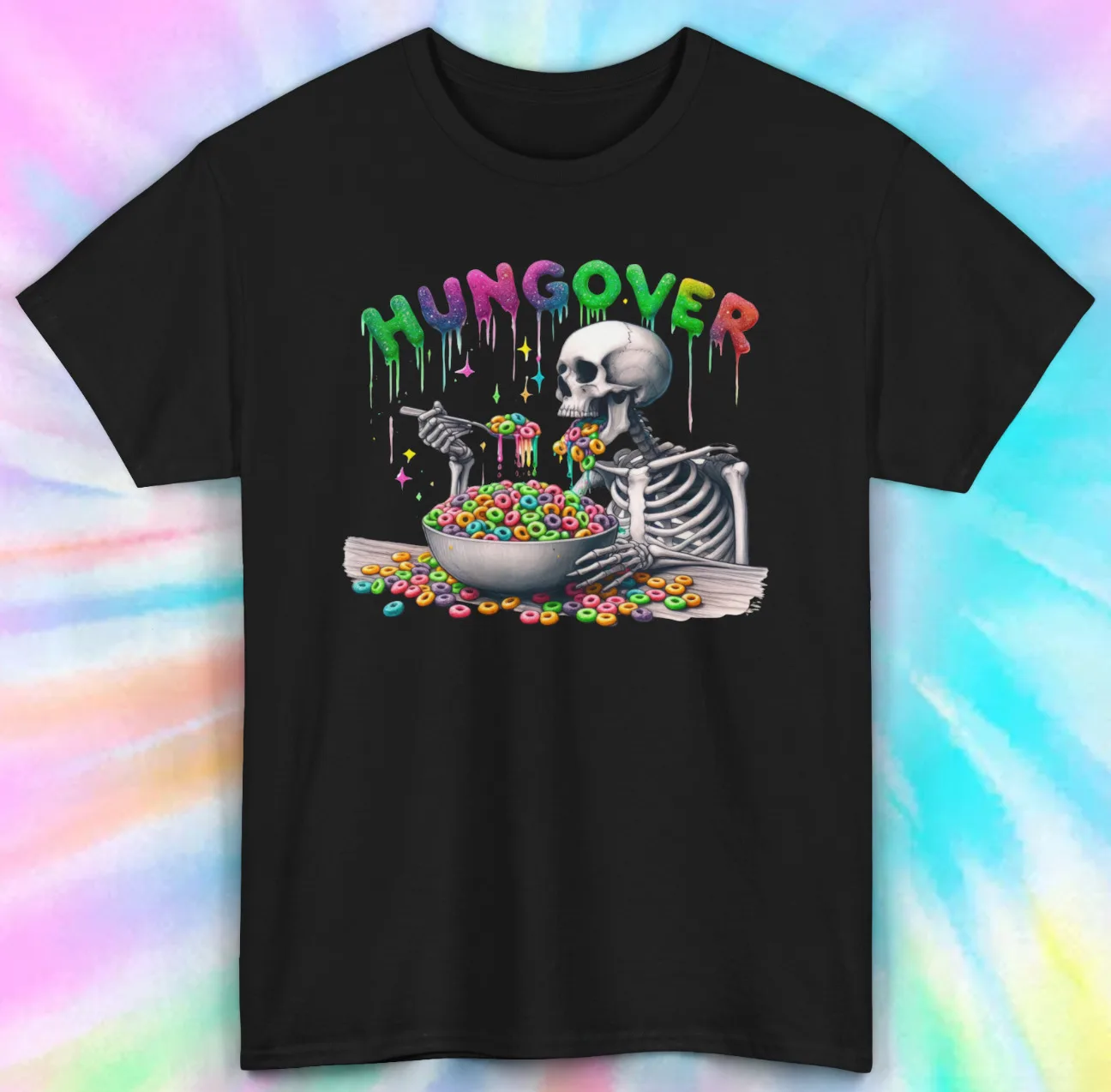 

Hungover Skeleton Cereal Bowl Tee | Funny Novelty Graphic Shirt | S-5XL