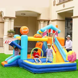 Casa de rebote inflable con tobogán, cama de salto con soplador de aire de Pit de bola para niños, trampolín temático de tienda abierta, parque de atracciones al aire libre