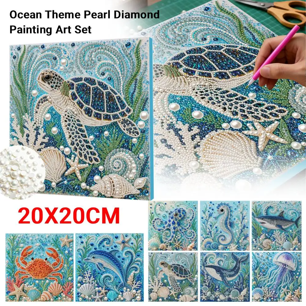 Ocean Turtle jellyfish DIY Pearl Diamond Painting Art Kit Marine Theme Animal Pearl Beads Art Craft Set Home Wall Decor 20X20CM