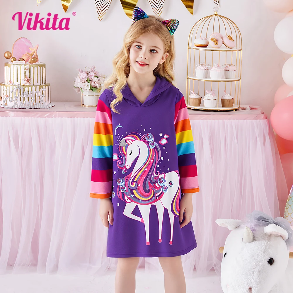 

VIKITA Girls Hoodies Dress Kids Autumn Winter Long Sleeve Thick Dress Girls Licorne Purple Cotton Casual Sports Dresses 3-12 Y