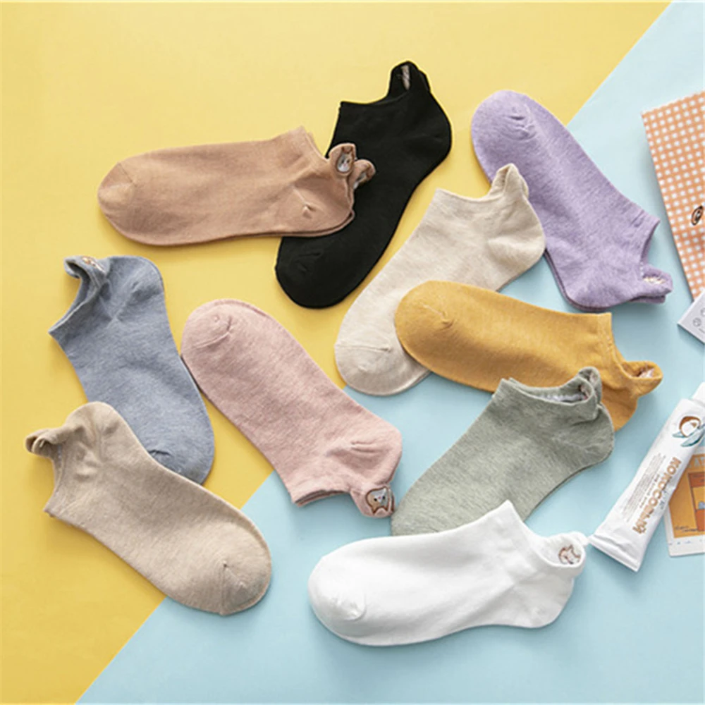 New Cute Summer Spring Embroidery Funny Cat Cotton Ankle Socks Women Happy Candy Color Fresh Youth Campus Kitten Sokken Dropship