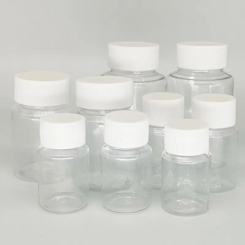 Garrafas de embalagem de reagente plástico, Garrafas PET Clear Seal, Pó sólido Medicina Pill Vial, 15 ml, 20 ml, 30 ml, 50 ml, 60 ml, 80 ml, 100ml, 10pcs