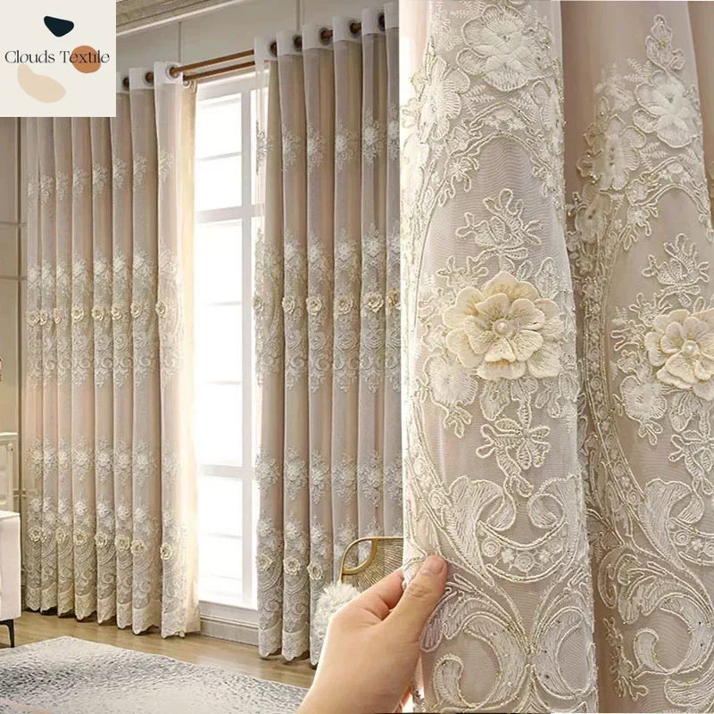 

Embroidery Yarn Curtains for Living Room Bedroom Dining European Luxury Tulle Imitation Satin Royal Home Double Layer Romantic