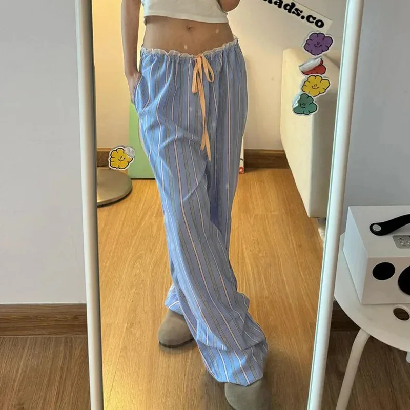 Y2K Lace Trim Drawstring Sweet Cute Striped Wide Leg Pants Holiday Basic Patchwork Women 2024 Summer Fashion Sttreetwear