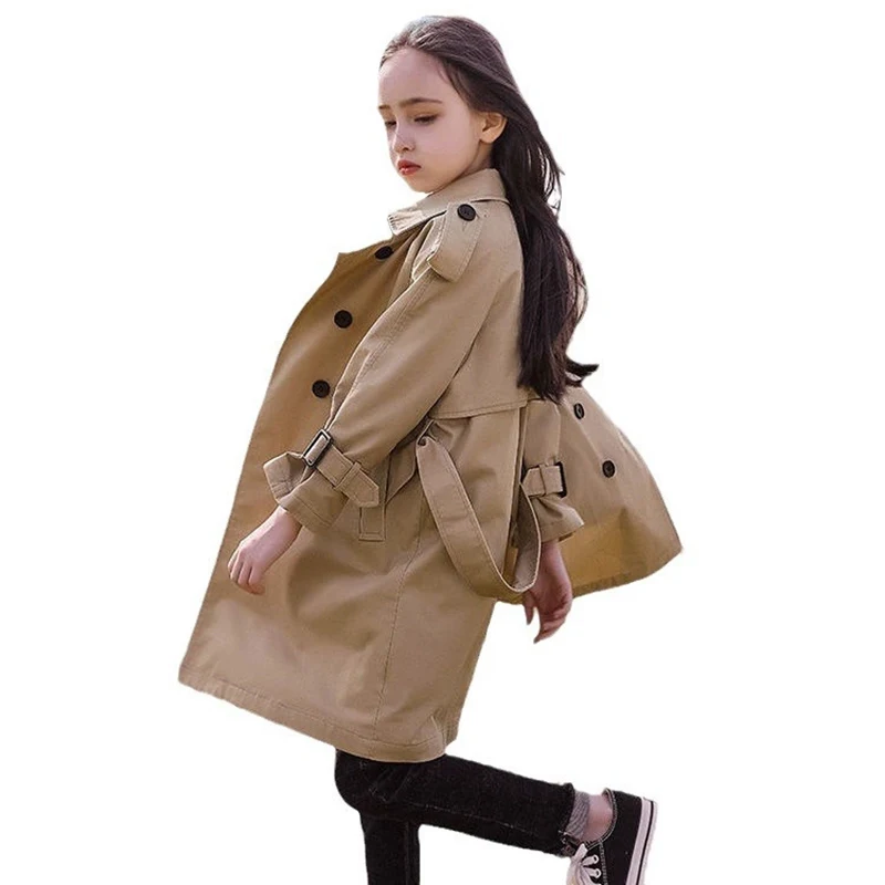3-12 Years Girls Trench Coat Spring Autumn Windproof Jackets Big Kids Mid-Length Windbreaker Children Clothes Teenagers Overcoat