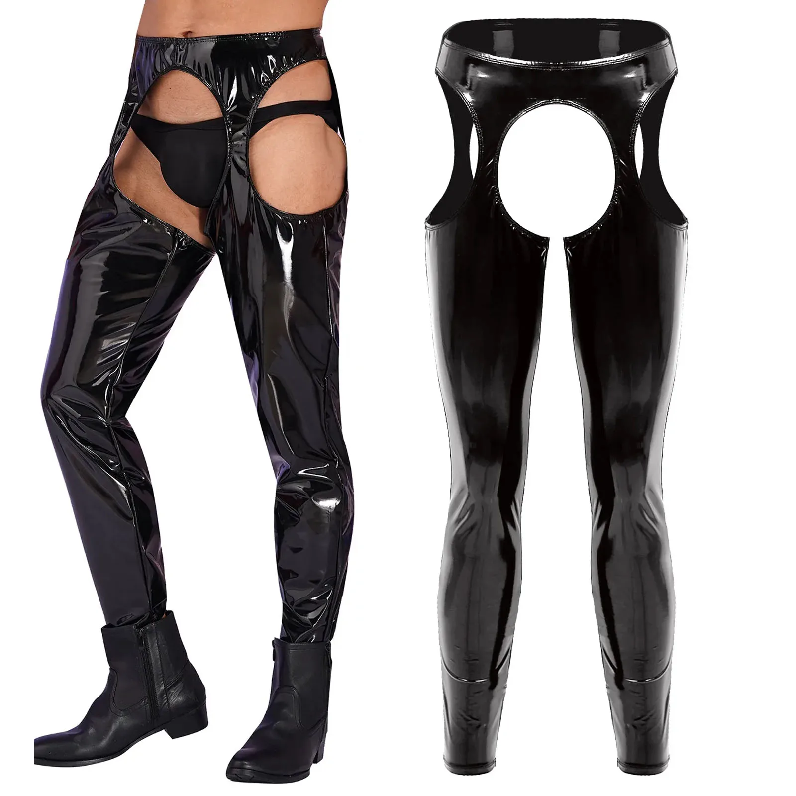 

Sexy Mens Wetlook Crotchless Open Butt Pants Leggings PVC Leather Tight Pants Erotic Hollow Out Pole Dance Trouser Clubwe