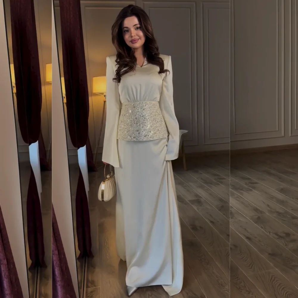 

Customized High Quality Charmeuse Pleat Sequined A-line V-neck Long Dresses Bespoke Occasion Cocktail Fashion Simple