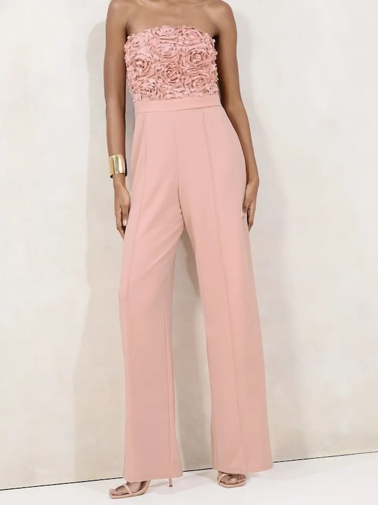 

Цельный брючный костюм Ele для похудения с запахом на груди и 3D-цветами для пар и банкета, полиэстер с высокой талией и широкими штанинами