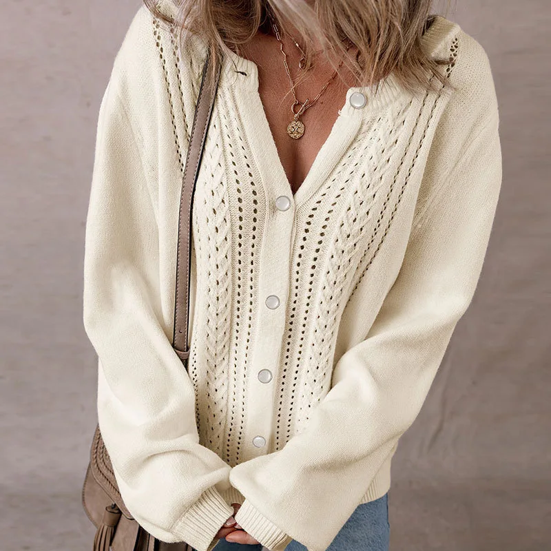 

Color Hollow Commuter Single Breasted Knitted Cardigan Long Sve Color Spring Faion Women's Sweater