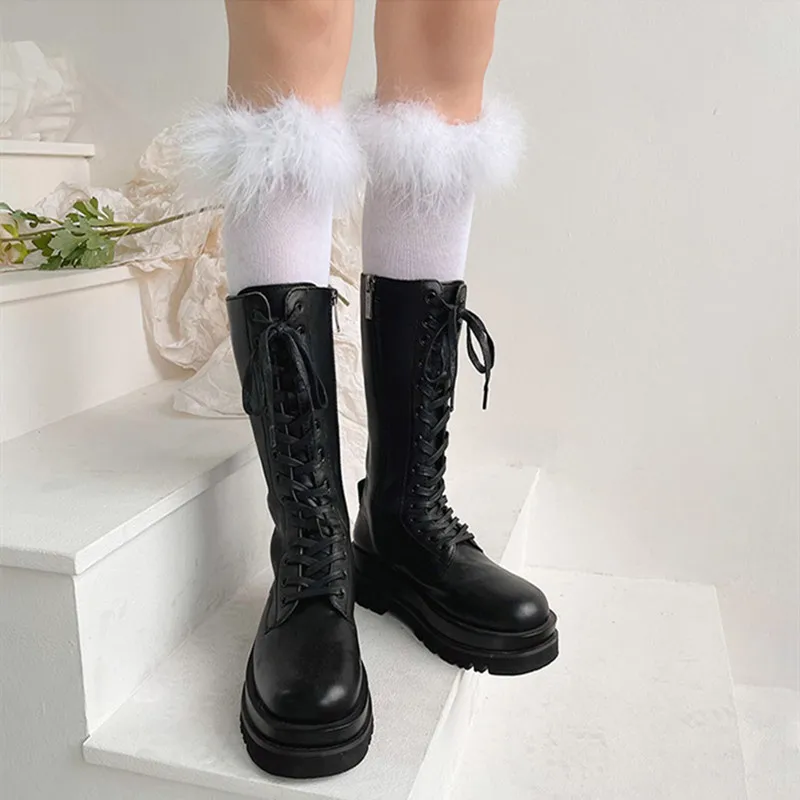 Lolita Sexy Women Feather Stockings Cute Black White Long Socks Over Knee High Socks Women Japanese JK High Tube Calf Stockings