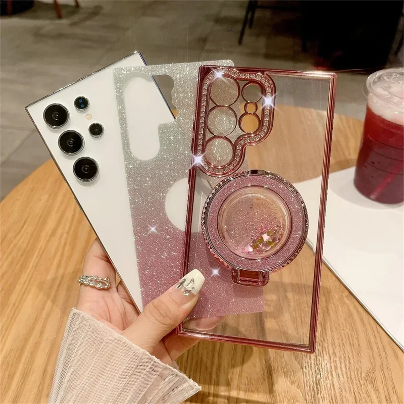 S24Ultra Case Diamond Glitter Quicksand Magnetic Bracket Stand Case for Samsung Galaxy S24 S22 S23 S25 Ultra Plus Gradient Cover