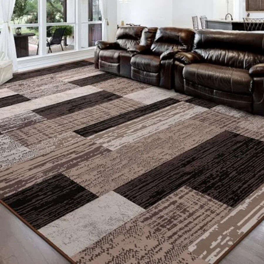 

Modern Geometric Patchwork Area Rug 9x12 Chocolate Large Rugs for Living Room Rockwood Collection Indoor Rugs for Bedroom Throw