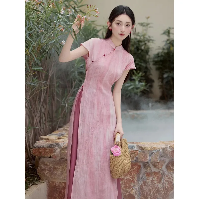 Chinese Zen Style Pink Cheongsam Two Piece Set Gradient Textured Slit Long Dress Summer Tea Outfit Petite Women S-XL