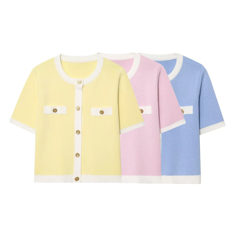 

MYST&ZA2025 Summer New Arrivals Women's Clothing Contrast Color Single-Breasted Round Neck Short-Sleeved Knitted Cardigan Top