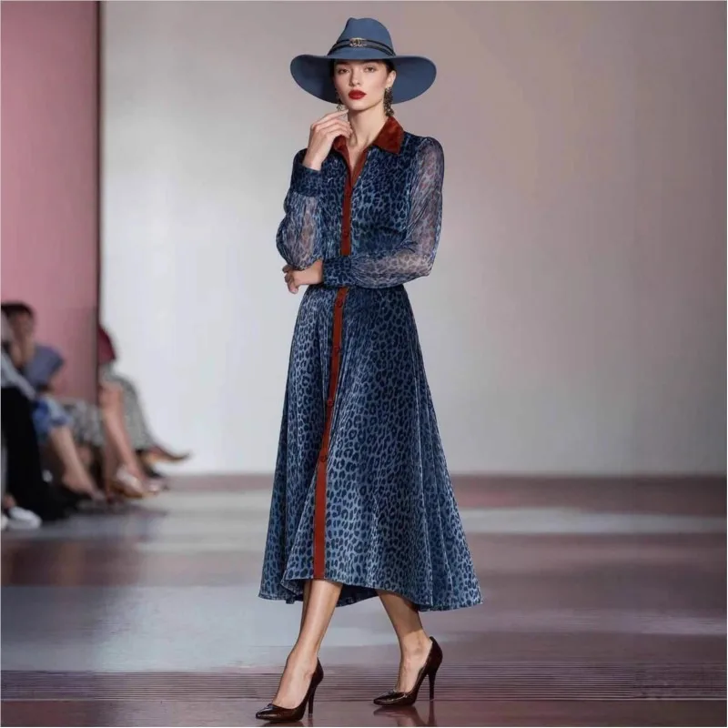 Robe chemise imprimée léopard bleu pour femmes, manches longues transparentes, col contrasté, ceinturée, robe mi-longue élégante, robe de soirée au bureau, automne