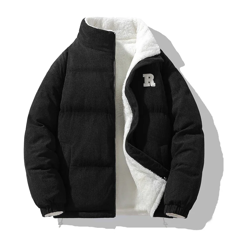 Men Winter Corduroy Denim Jacket Fleece Lamb Wool Lined Warm Lapel Loose Fit Parka Coat Casual Streetwear Moletom Masculino