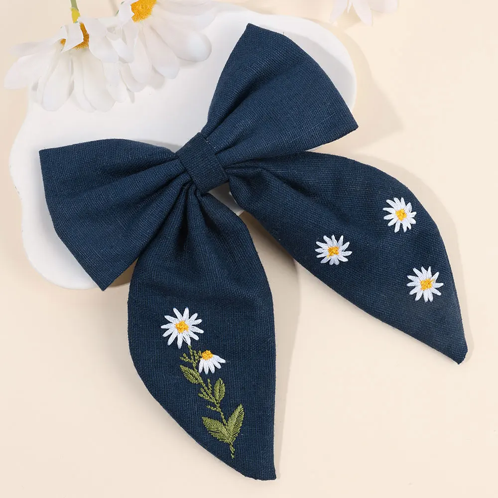 Fashion Ribbon Embroidered Flower Children Hairpin Daisy Bowknot Hair Clip Korean Bow Girls Barrette Kids Hair Accessories