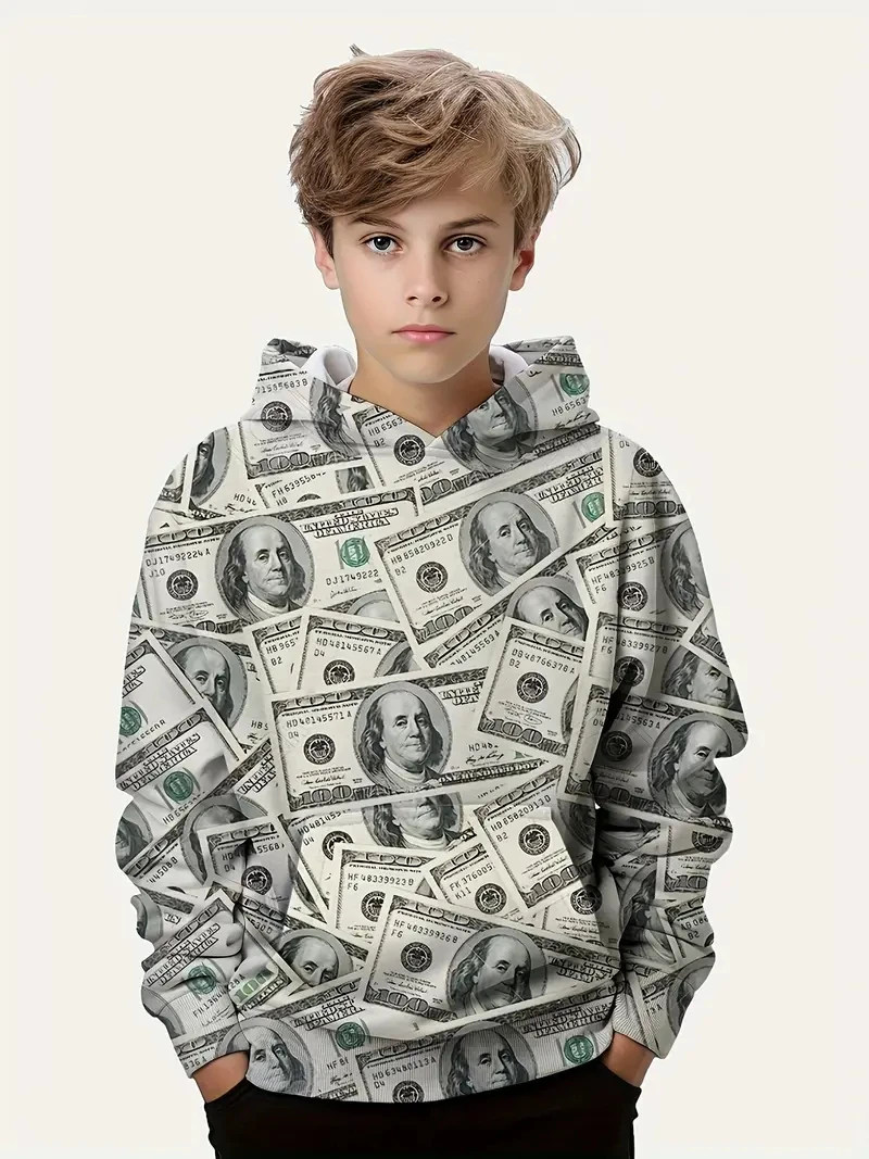 New Pattern Dollar Euro Pound Currency Banknote Printed Money Children's Pullover Creative Fun Hooded Sweatshirt for Boys Tops