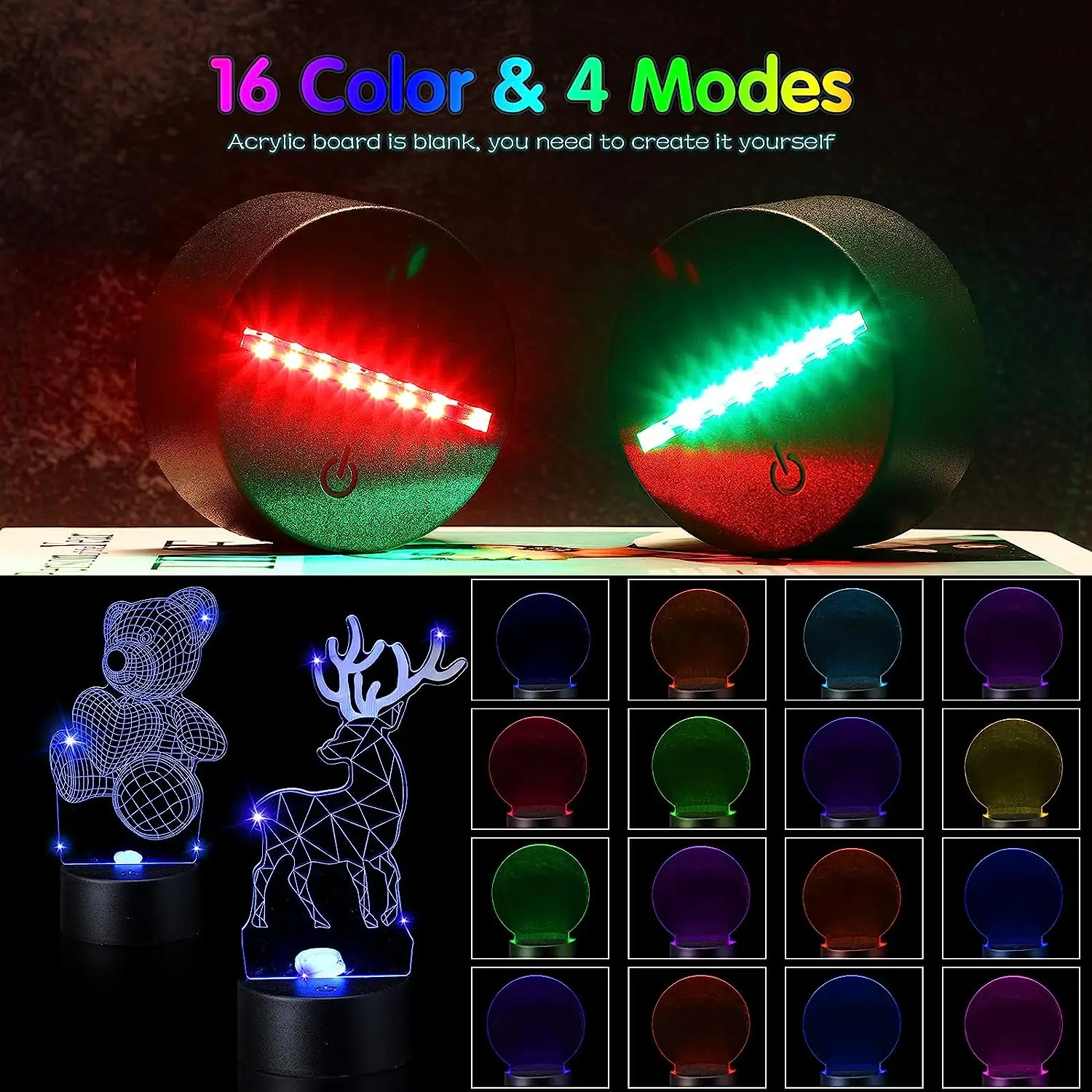 4 Pieces 3D Night Light LED Lamp Base with Clear Acrylic Sheets And Remote Controls USB Cables Adjustable 16 Colors 4 Mode