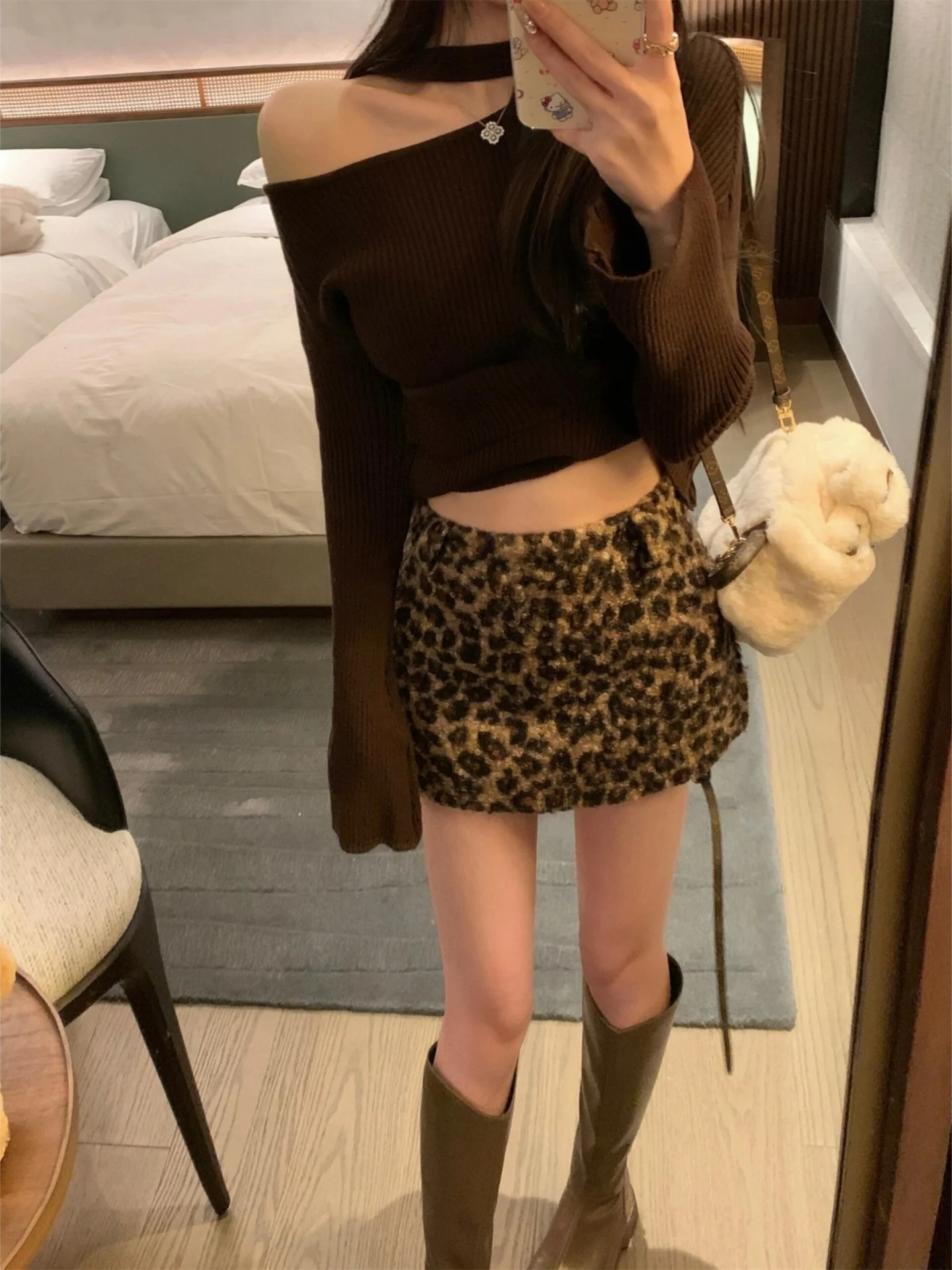 Sexy American Pure Desire Woolen  Skirt Large Size Autumn Hot Girl Sexy Lamb Fur Leopard Print Wrap around Skirt