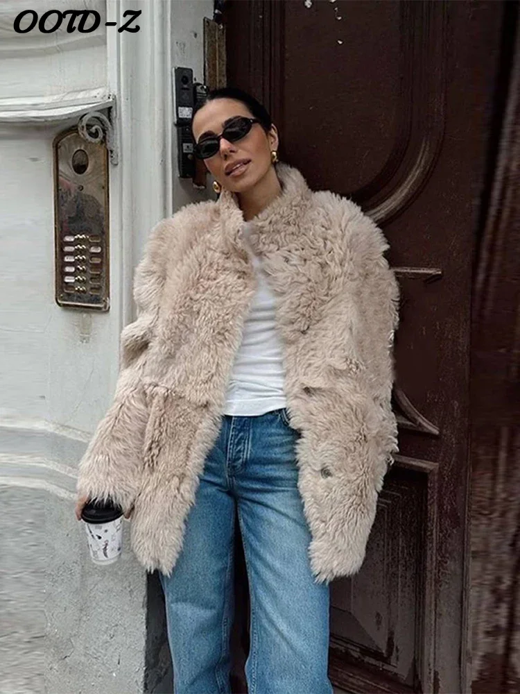 Casual namaakbont effen damesjas zachte enkele rij knopen opstaande kraag zakken vrouwelijke jassen 2025, herfst winter mode dame outwears