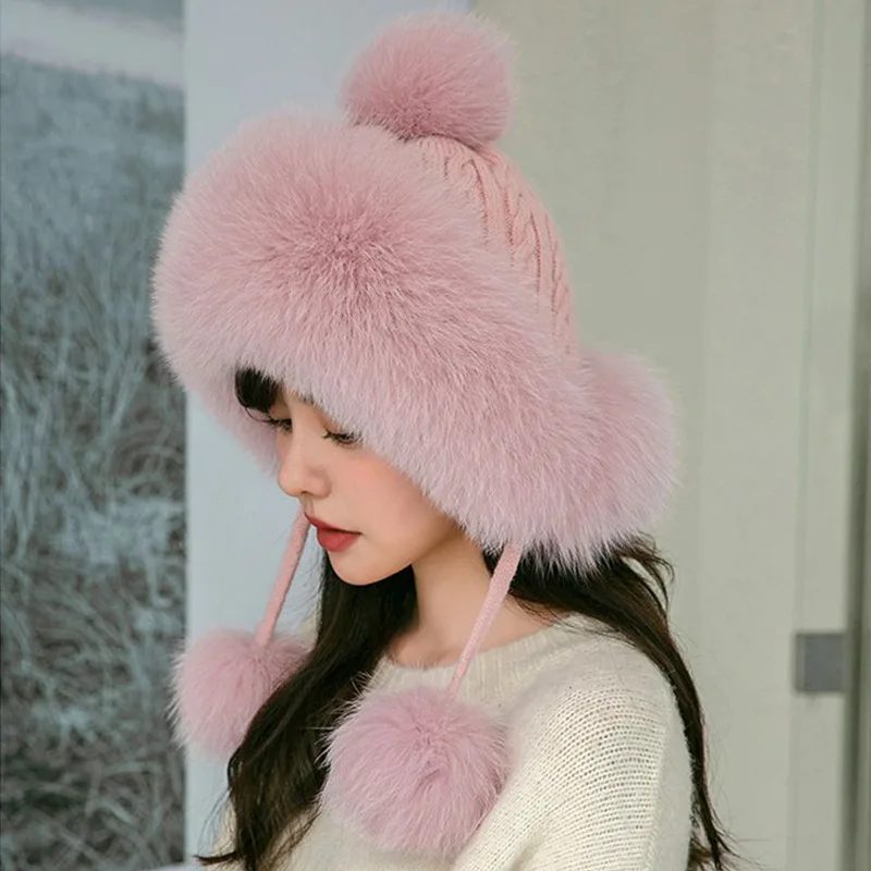 100% Real Fox Fur Hat for Women Natural Fox Fur Russian Ushanka Hats Winter Thick Warm Fashion Girls Bomber Cap Elastic