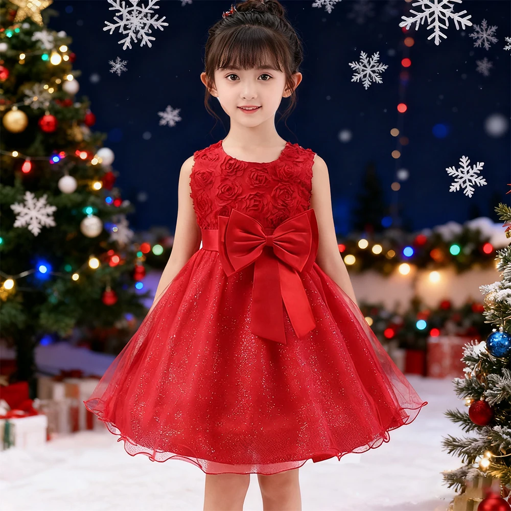 فستان عيد الميلاد للفتيات فستان أحمر لامع فساتين بناتي للأطفال مع فيونكة على شكل زهرة فساتين حفلات أنيقة فستان عيد ميلاد الأميرة