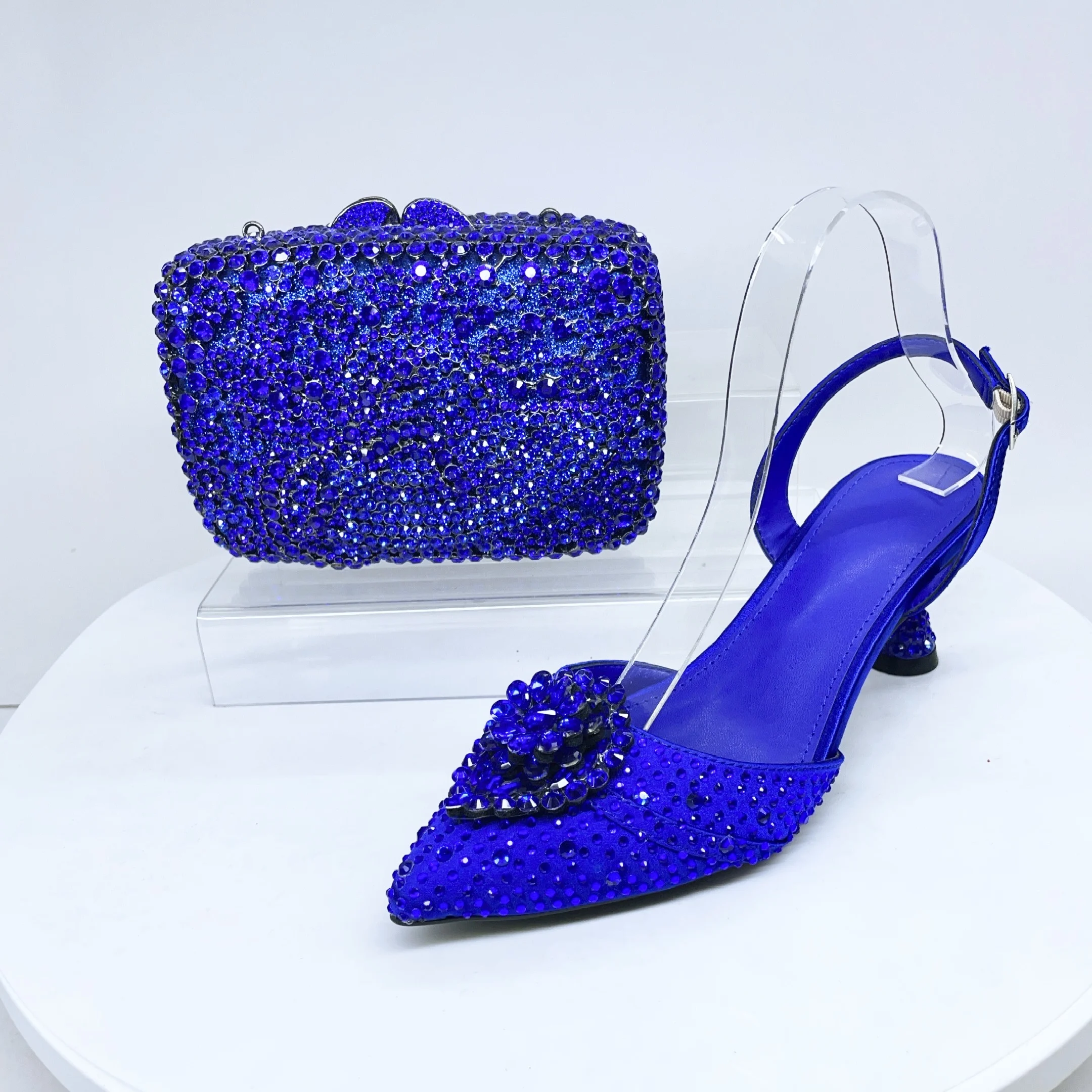 

LNATISNOVA Luxury Women's Shoe & Bag Set, Rhinestone Crystal Pointed Toe Kitten Heels Slingback Pumps with Matching Clutch Purse