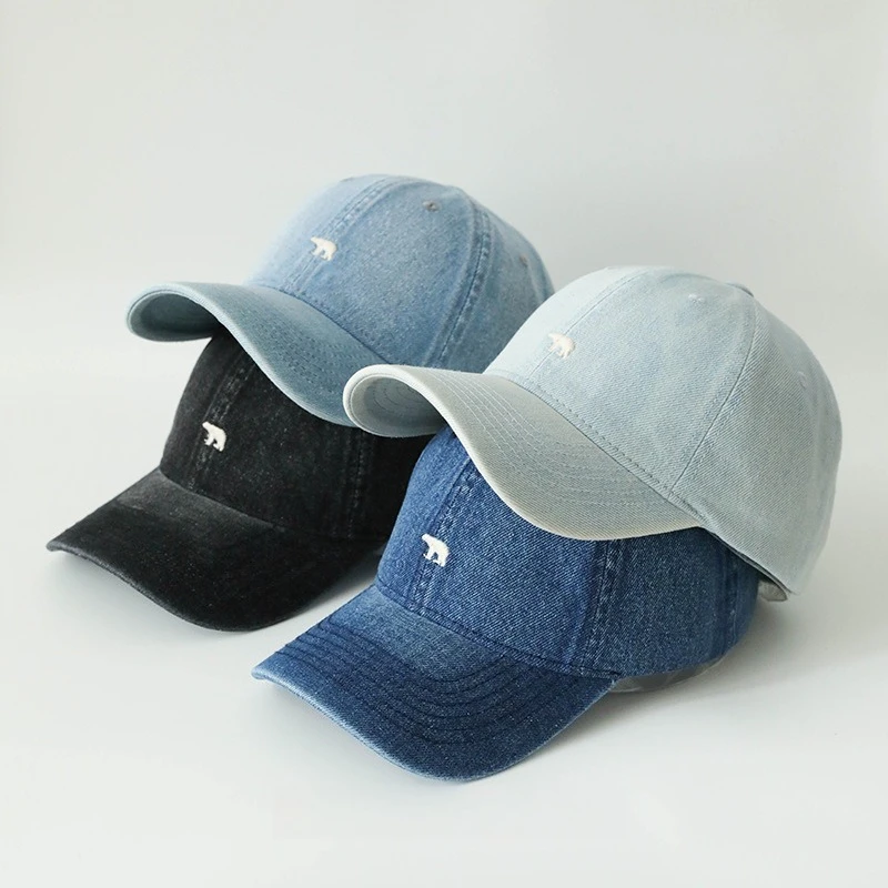 قبعة بيسبول عصرية من قماش الدنيم المغسول الدب القطبي المطرز للرجال والنساء مع محيط رأس كبير بحافة واسعة