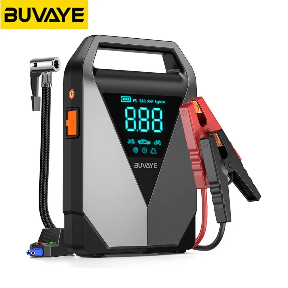 

BUVAYE 12000mAh Car Jump Starter Air Pump 150PSI Air Compressor Tire Pump 2500A Car Booster Starting Device Battery Booster Pack