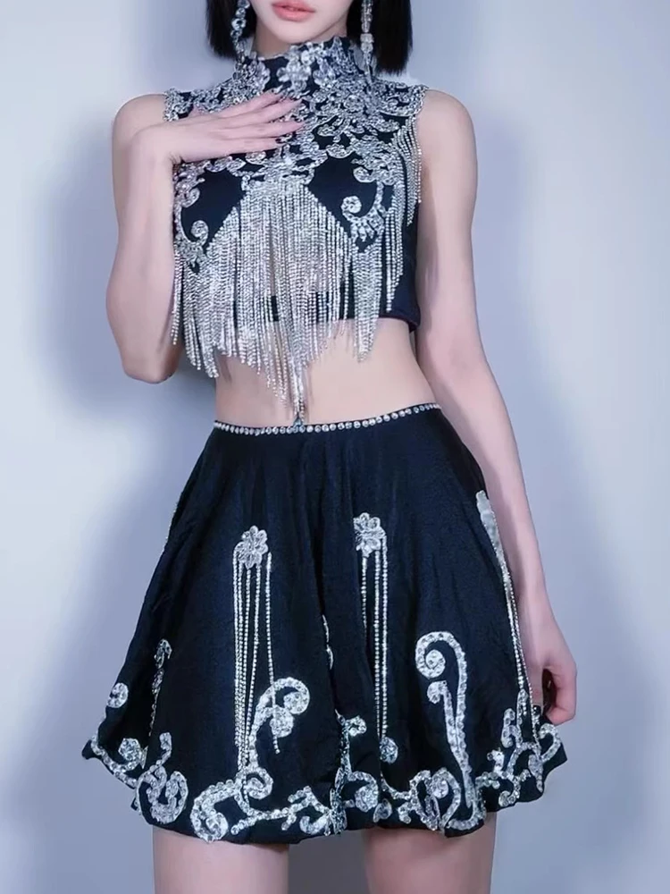 Hoge kwaliteit strass kwastje korte top + halve rok tweedelige set 2025, nieuwe mode aangepaste dameskleding