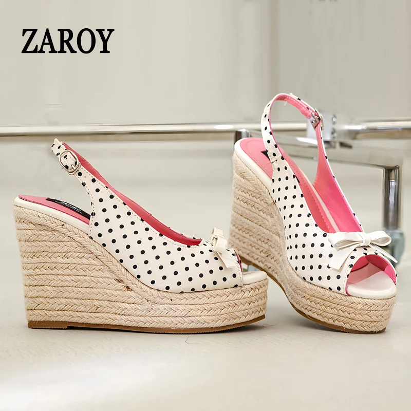 Wedge Platform Women Sandals Summer Grass Weave Thick High Heels Designer Shoes Sweet Polka Bowknot Banque Party Wedge Sandalias