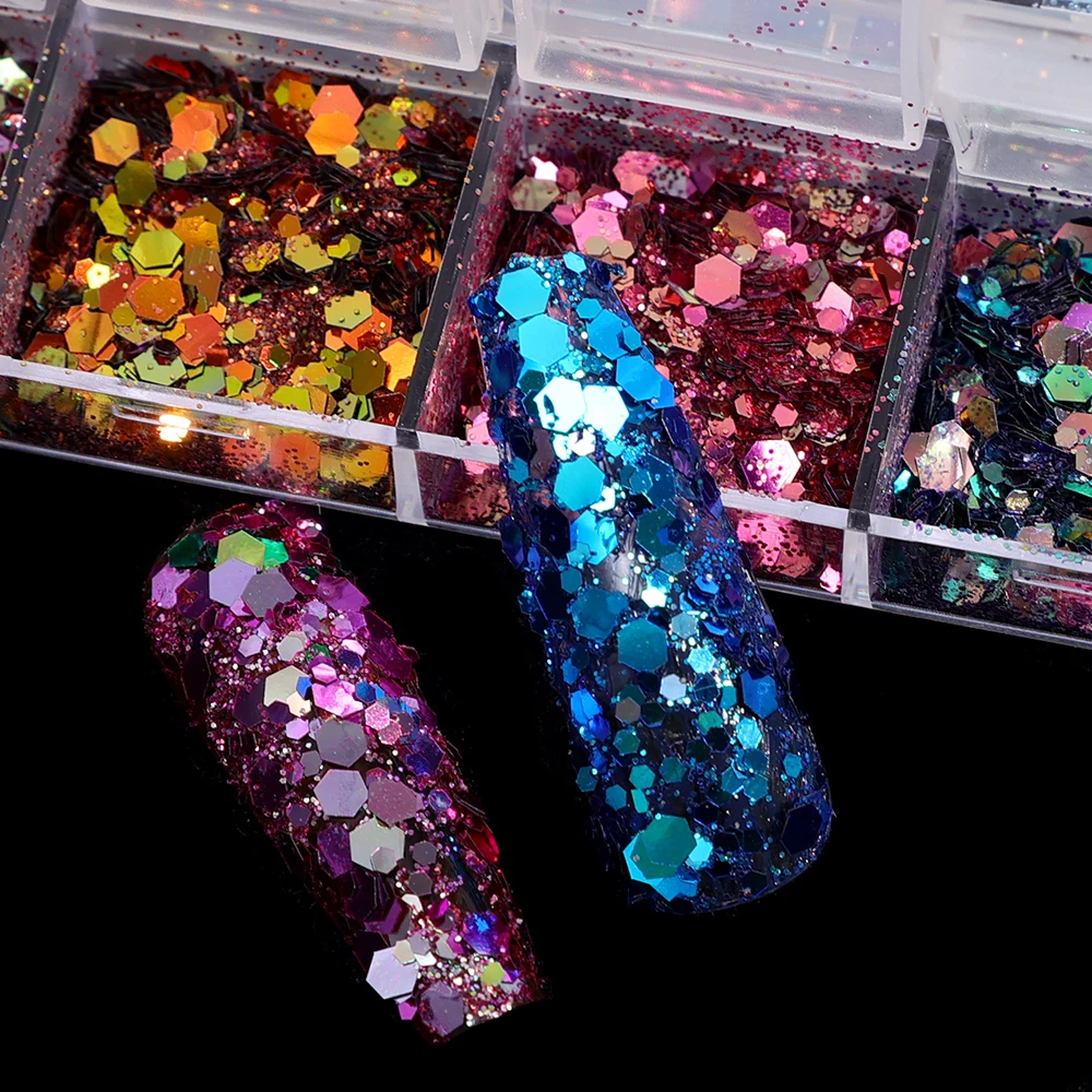 12 griglie miste esagonali per unghie Glitter paillettes decorazione lustrini olografici fiocchi Nail Art polvere Gel Polish accessorio per Manicure