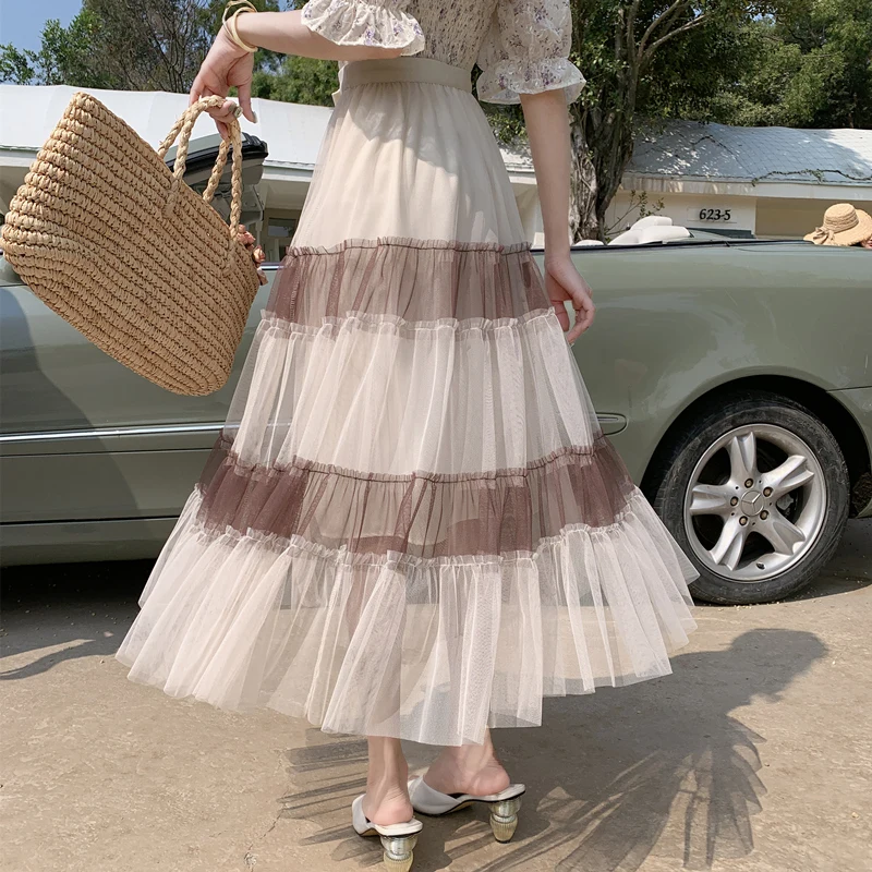 

Girls Kawaii Contrast Stitching Y2k Mesh Large Hem Skirt Women Outerwear Clothes Female Ladies Fashion Casual Long Gothic Skirts