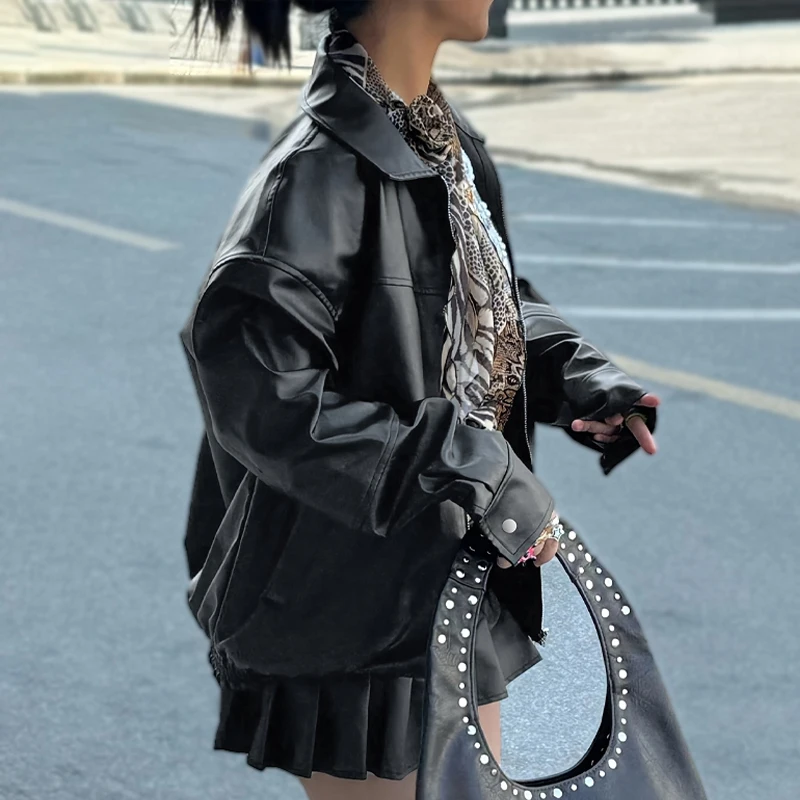 Podzimní a zimní dámské bundy z umělé kůže, model 2025, bomber, dlouhý rukáv, klopa, zip, motocyklové kabáty, dámské oblečení - náhled 5