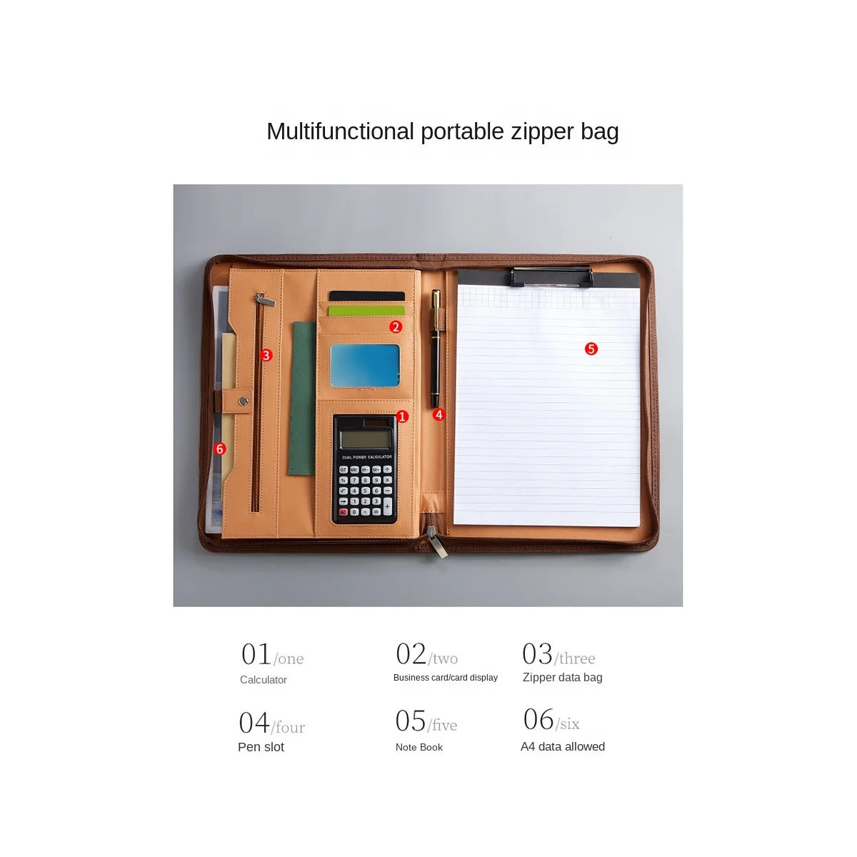 Leather Portfolio Folder with Zipper for Women/Men, Business Padfolio with Handle, Conference Notepad Folder Black